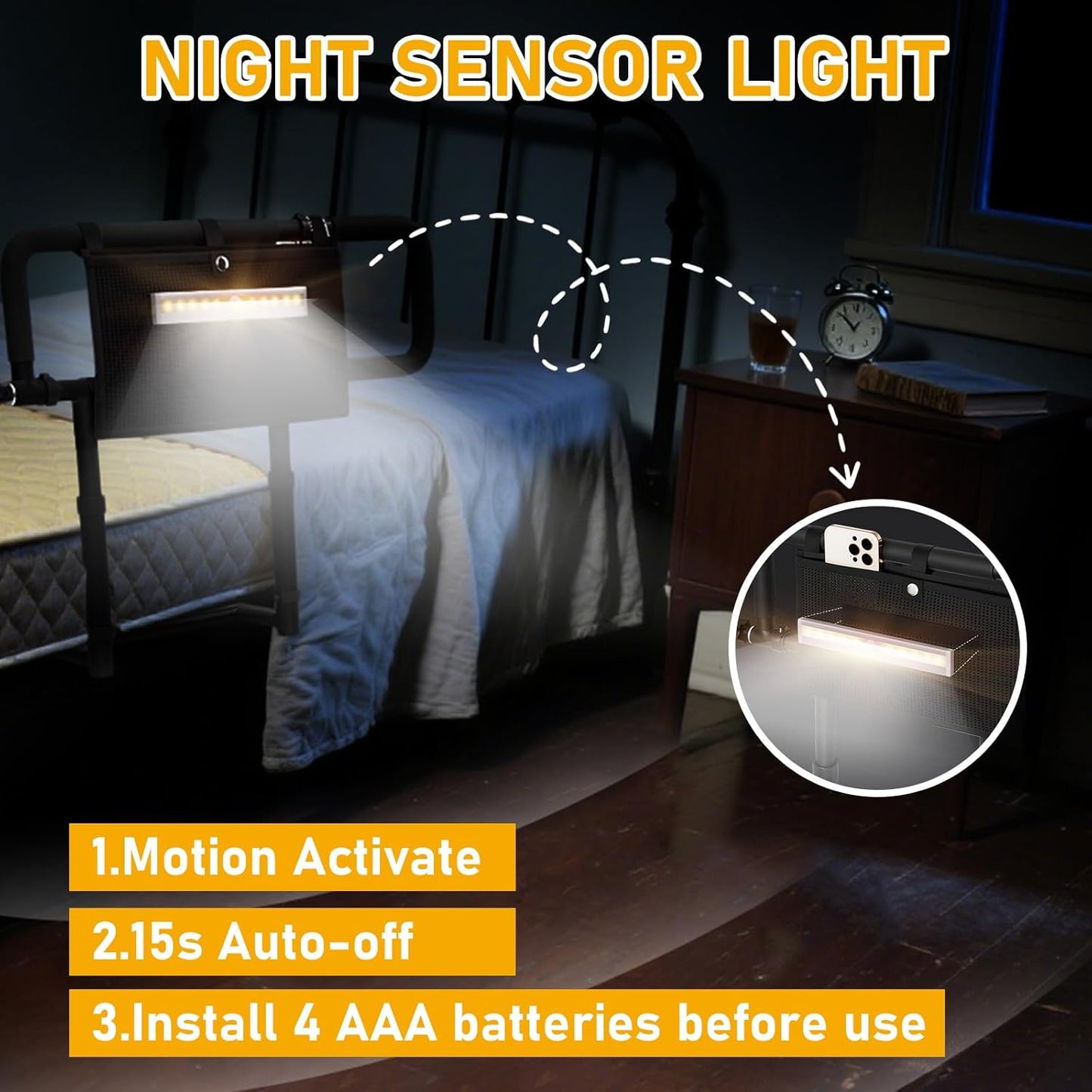 Foldable Bed Rails for Elderly Adults - 300 lbs Weight Capacity, 5-Level Height & 3-Level Arm Adjustment, Portable Bed Assist Rail with Night Light & Storage Bag, No-Drill Installation