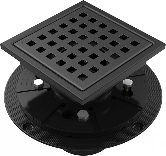 6 Inch Square Shower Drain SUS304 Stainless Steel Bathroom Floor Drain Strainer, Hair Catcher, Anti-Clog, Rust-Resistant, Fast Drainage (Matte Black)