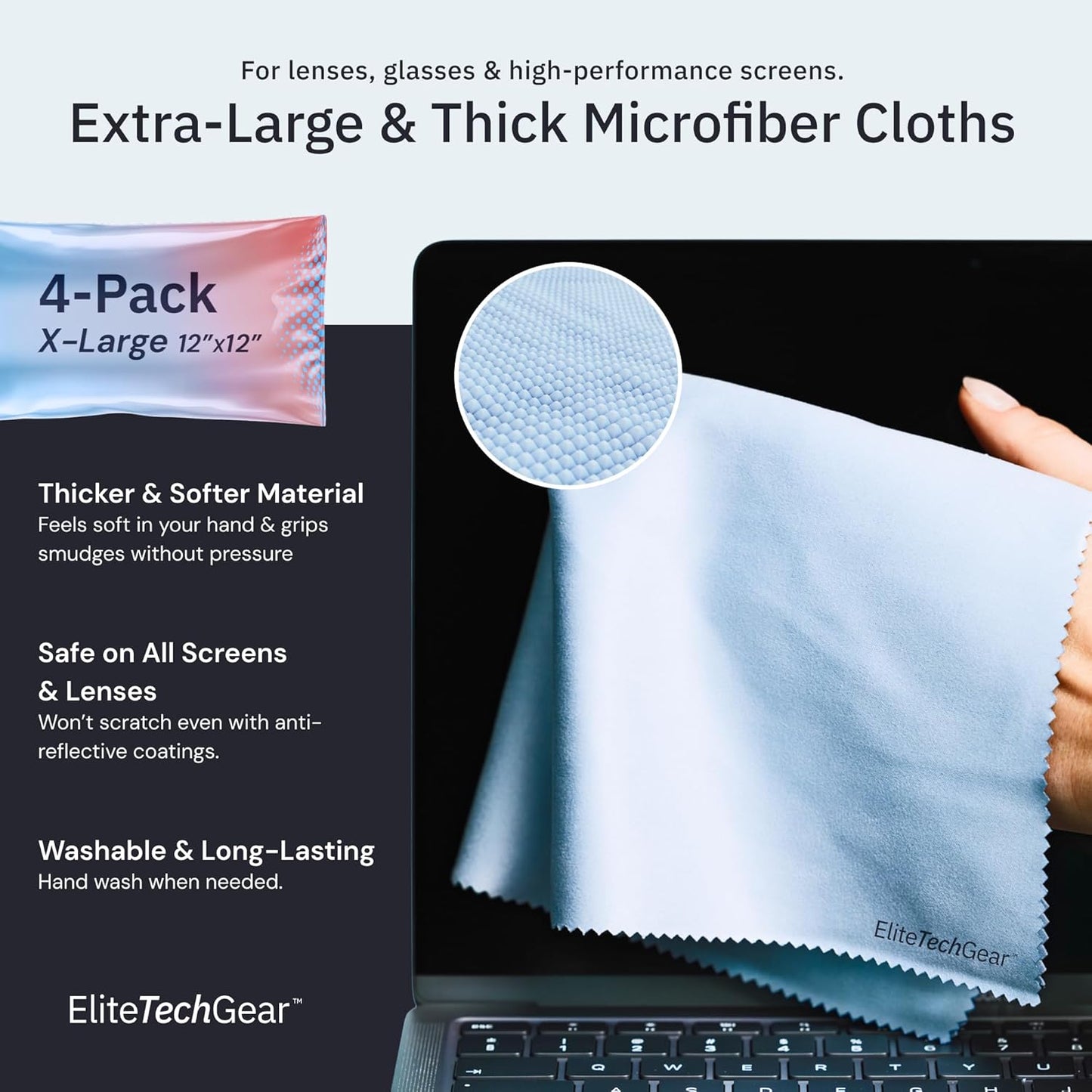 Elite Screens Microfiber Cleaning Cloth - 12 x 12 in, Pack of 4, Blue - Glasses Cleaning Cloth & Lens Wipes for Eyeglasses & Screens