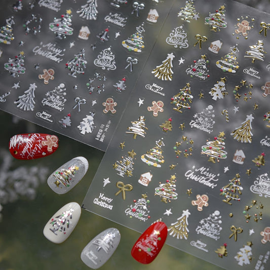 2 Sheets Christmas Nail Art Stickers 5D Embossed Nail Decals Silver Gold Star Bow Gingerbread Man Christmas Tree Nail Stickers Christmas Nail Supplies for Women Girls DIY Manicure Decorations