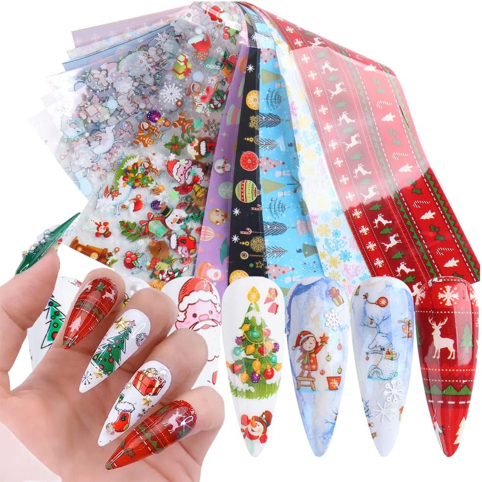 Christmas Nail Stickers Decals Nail Foil Transfer Sticker 10 Sheets Christmas Santa Tree Snowflake Deer Xmas Holiday Decorations Stickers for Manicure Supplies