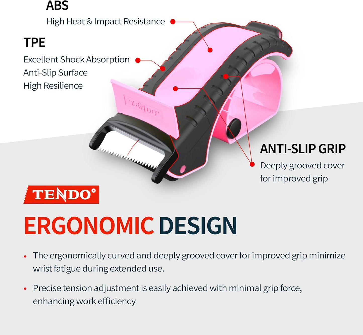 Heavy Duty Shipping Tape Dispenser: TENDO° Premium Line – Reusable, Replaceable, Eco-Friendly 2’’ Master Piece Dispenser for Pros with Patented 10° Sloped Chromium Blades - P-2200 (4th Gen.)_Pink