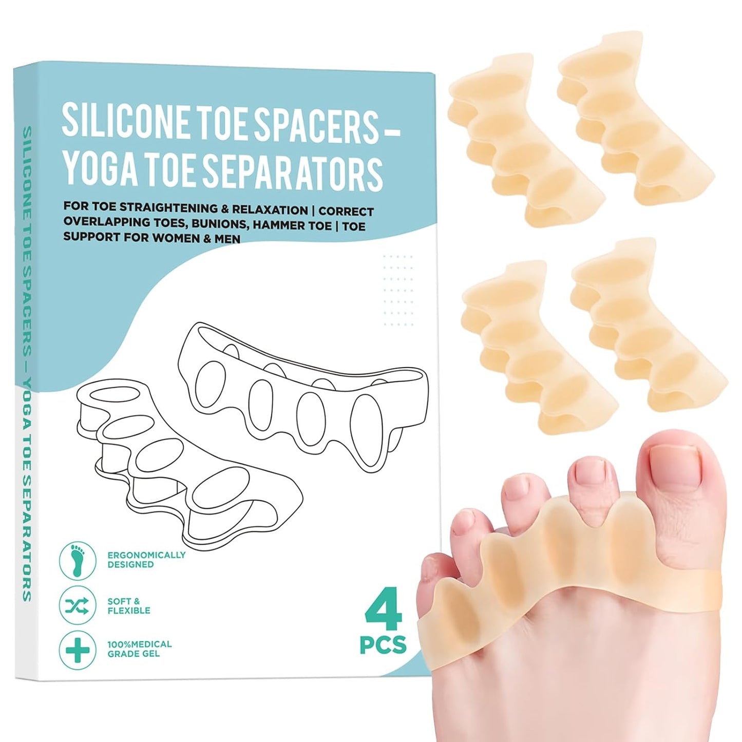 4 Pcs Silicone Toe Spacers – Yoga Toe Separators for Toe Straightening & Relaxation | Correct Overlapping Toes, Bunions, Hammer Toe | Toe Support toe separators for Women & Men (Tan, 3.98)