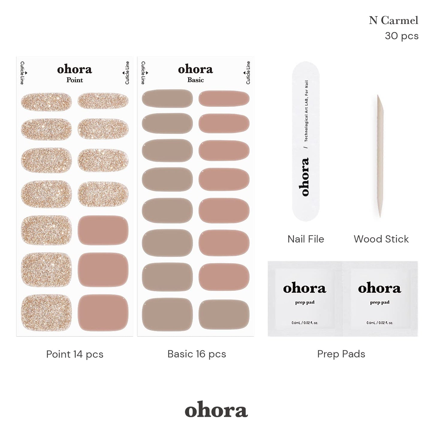 ohora Semi Cured Gel Nail Strips (N Carmel) - Nude, Glitter, Works with Any UV/LED Lamps, Salon-Quality, Long Lasting, Easy to Apply & Remove - Includes 2 Prep Pads, Nail File & Wooden Stick