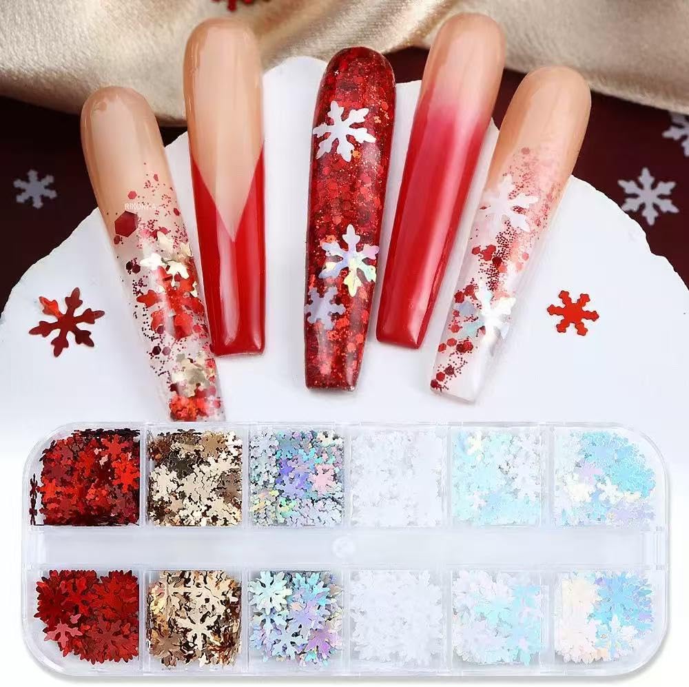 3 Boxes Christmas Nail Art Sequins 3D Holographic Snowflake Xmas Tree Star Nail Art Glitter Sequins Winter Nail Decoration Supplies for Women DIY Manicure (36 Grids)