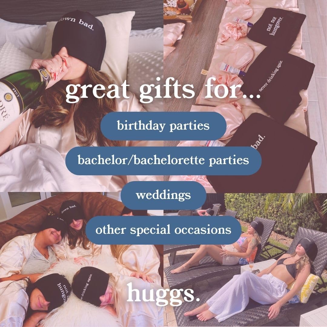 Huggs Migraine Relief Cap - Never Drinking Again - Cooling Gel Head Wrap, Cold Compress Cap for Headache, Stress, & Tension