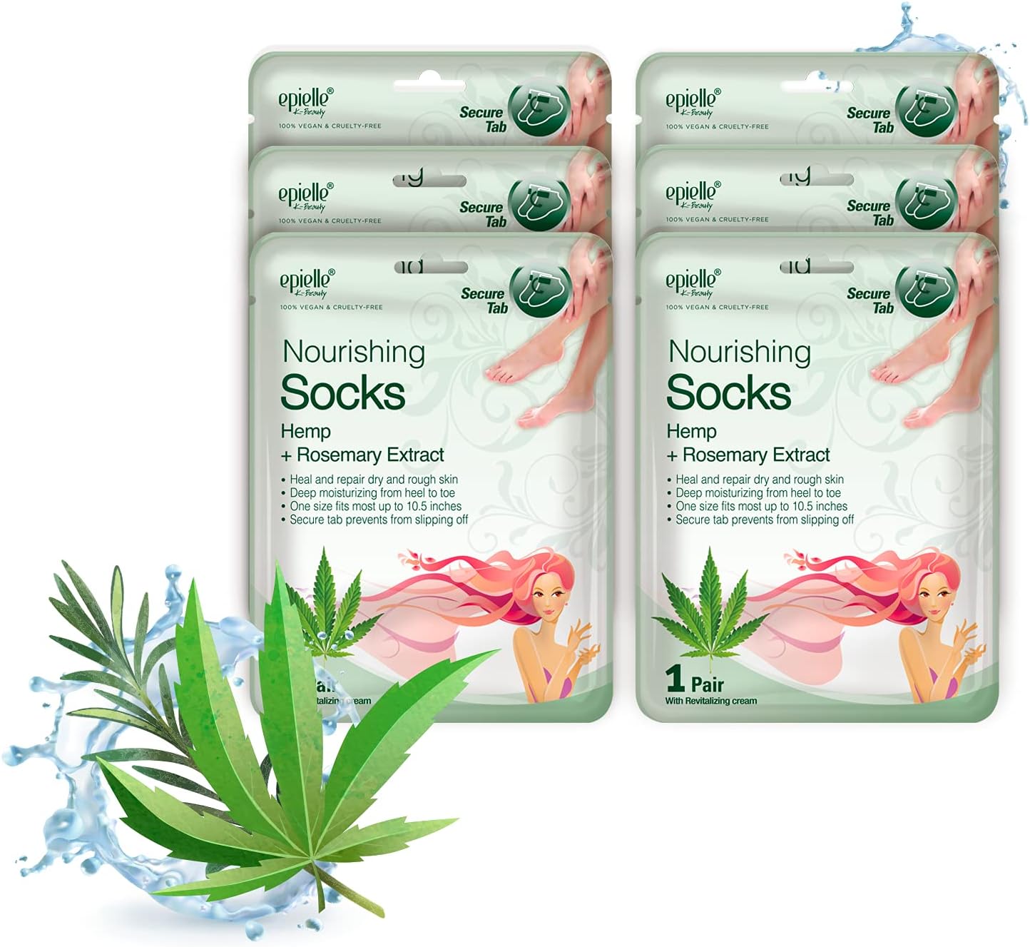 Epielle Nourishing Foot Masks 6 Pairs, Deep Moisturizing Socks for Dry Feet & Cracked Heels, Repair and Nourish with Hemp & Rosemary Extract, Foot Spa & Self Care Gifts for Women, Korean Skin Care