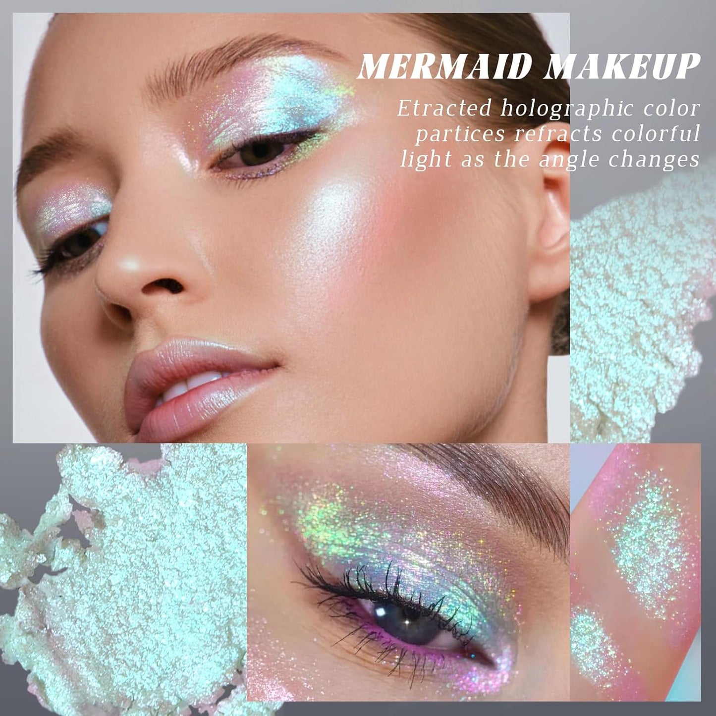 Chameleon Mermaid White Glitter Eyeshadow, Cream to Powder Shimmer Multichrome Single Eyeshadow, Sparkling Holographic Color Shifting Eye Brightener Highlighter Makeup Palette 01