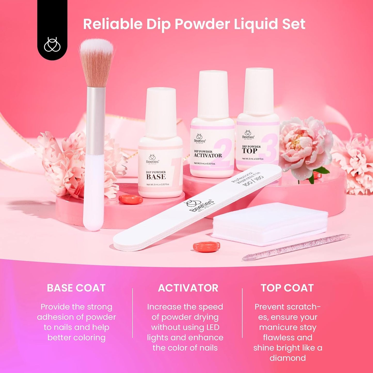 Beetles Dip Powder Nail Kit 36pcs 20 Colors Nude Hot Pink Red Glitter White Dip Nails Powder Starter Kit with Base Top Coat Activator Cuticle Oil Nail Set for Women Alluring Sweetie Collection