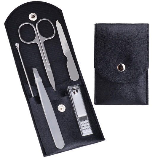Travel Manicure Set Professional Nail Clipper Kit-5 Pieces Stainless Steel Manicure Kit, Women Men Grooming kit With Nail Care Tools Beauty Scissors Tweezers (Silver Black)