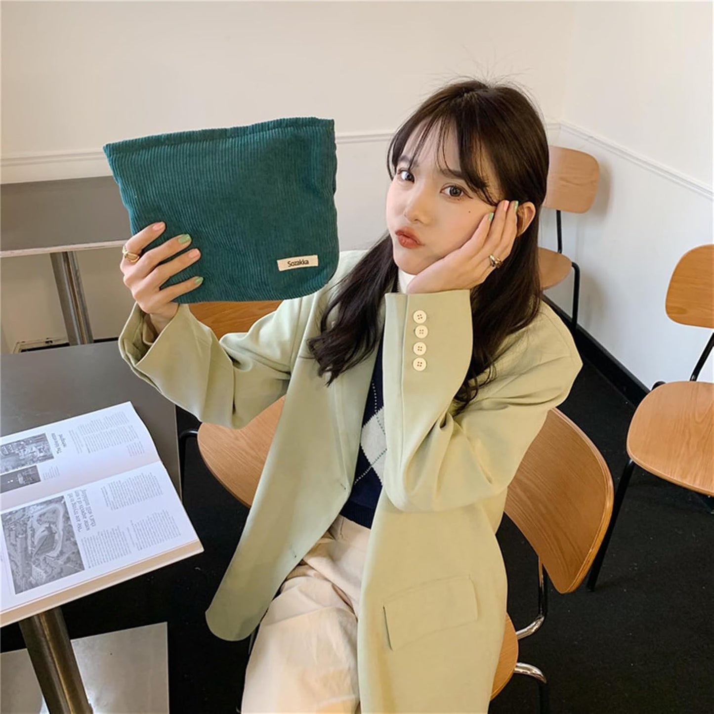 Cosmetic Bags for Women - Corduroy Cosmetic Bag Aesthetic Women Handbags Purses Smile Dots Makeup Organizer Storage Makeup Bag Girls Case Bags (Pure Dark green)