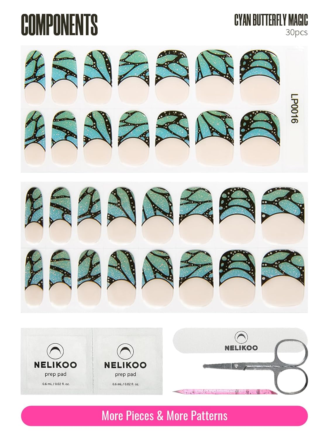 Semi Cured Gel Nail Strips, 30pcs Gel Nail Wraps, Easy to Apply, 2 Weeks Long Lasting (Cyan Butterfly Magic)