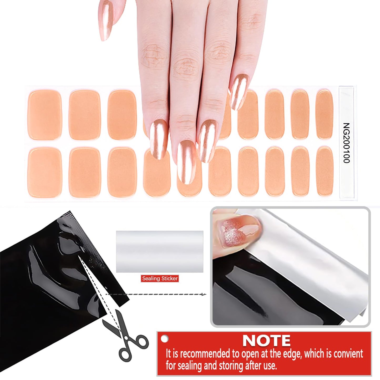 WOKOTO 20 Pcs Chrome Peach Pink Semi Cured Gel Nail Strips with Nail File & Wooden Stick Holographic Nail Gel Strips UV Light Gel Nail Stickers Full Nail Wraps Stick On Nails Color Strips for Women