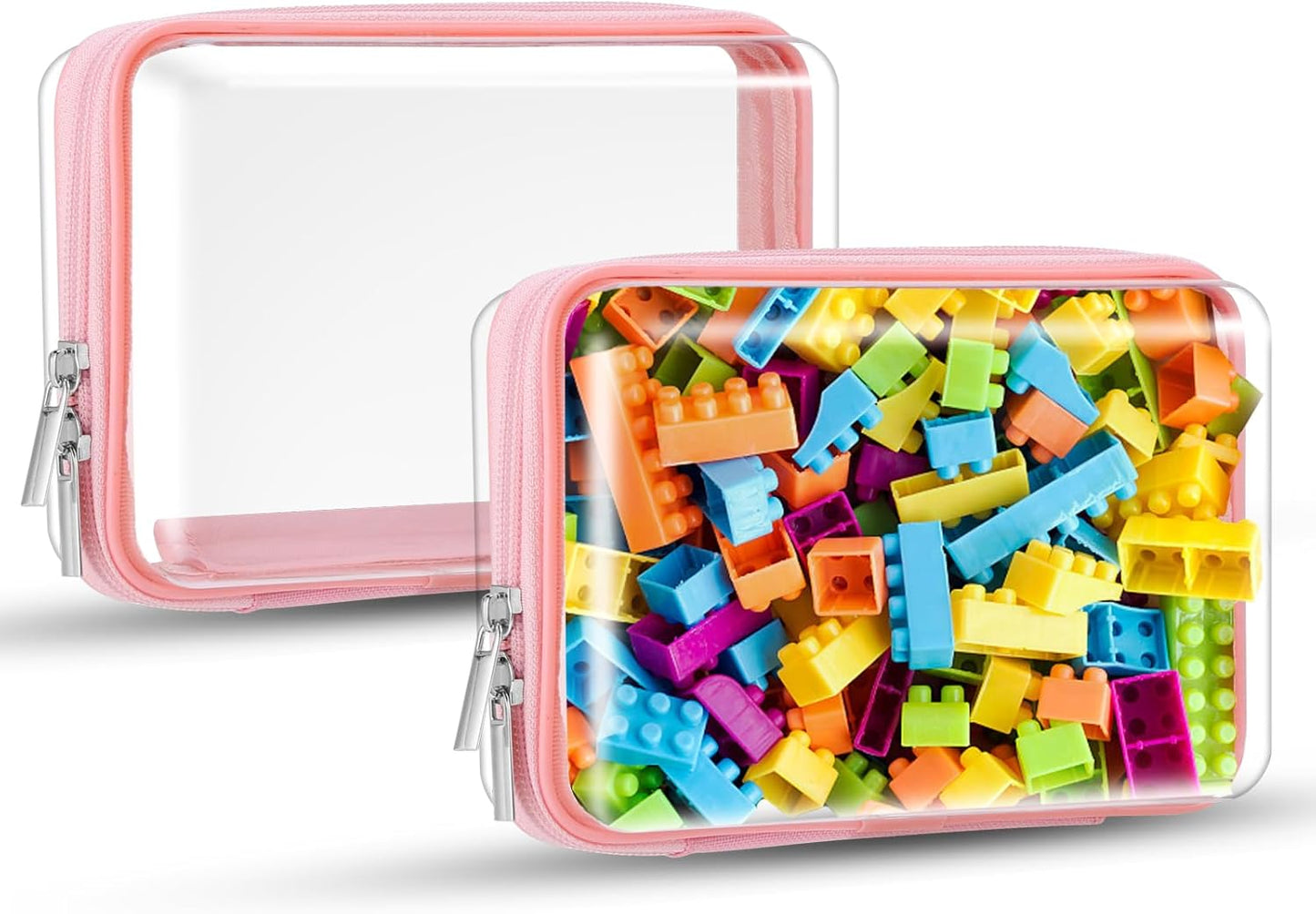 2 Pcs Clear Hard Zipper Case, Hard PC Plastic Cosmetic Travel Bag, Portable Travel Organizer Bins, Durable Makeup Bags for Toy Storage, Pencil Case(Pink Zipper)