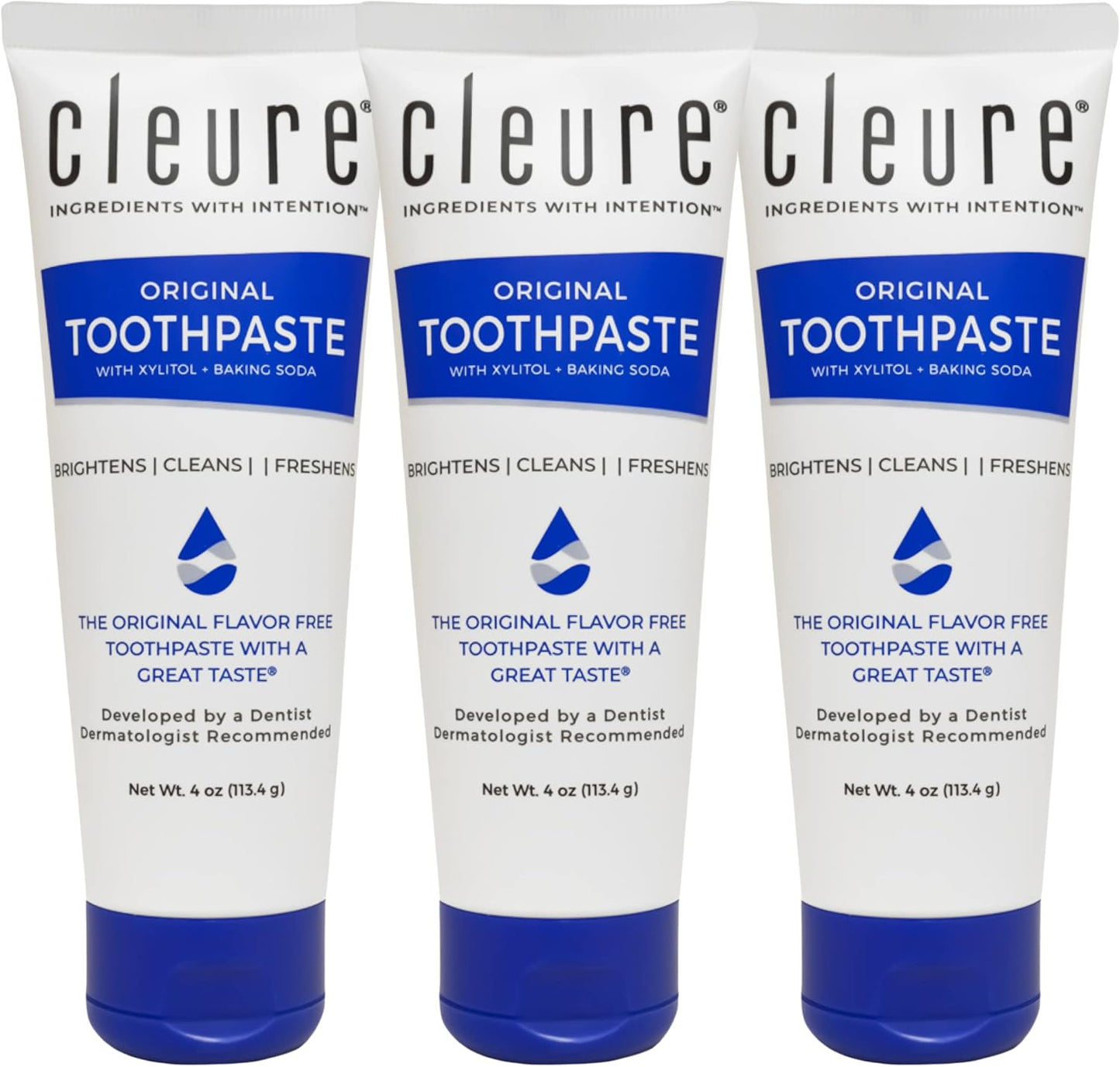Cleure Original No Fluoride Toothpaste - SLS Free, Mint Free - with Xylitol for Fresh Breath & Helps Whiten - for Kids & Adults - Flavor Free (4oz Tube, Pack of 3)