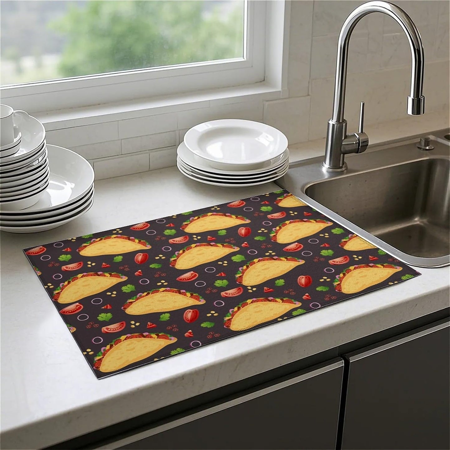 Dish Drying Mat For Kitchen Counter, Tacos Microfiber Absorbent Dish Drainer Rack Pad Reusable Large 18x24in Drying Mat