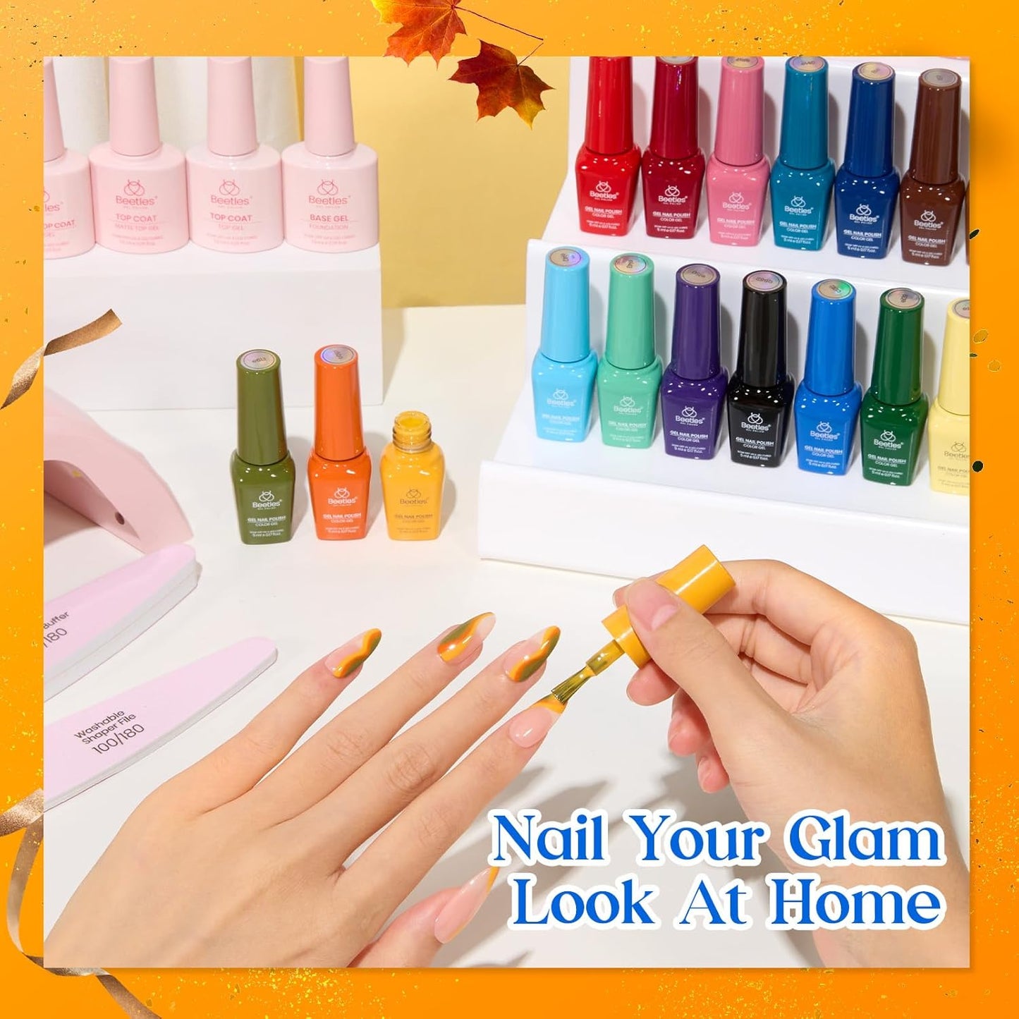 Beetles Gel Nail Polish Kit with U V Light - 25 Colors Gel Polish Set Fall Nail Fest Fragments of Time 45 Pcs Nails Kit with Tools DIY Salon Manicure Set Gifts for Women Girls - One Color One Bottle