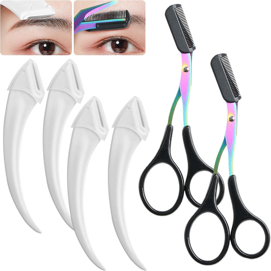 6 Pcs Eyebrow Trimmer Scissors with Comb, Curved Eye Brow Razor, Non-Slip Stainless Steel Facial Hair Removal Grooming, Brow Shaping Beard Shaving Kit Beauty Accessories for Women Men (Black)