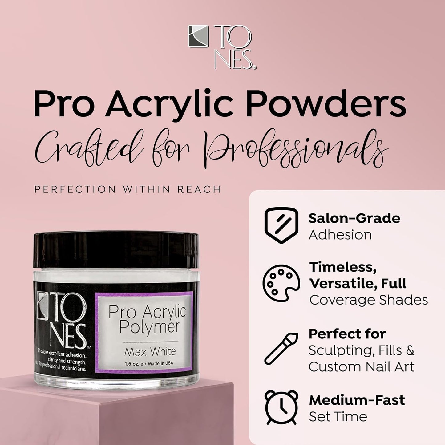 Tones Pro Acrylic Nail Powder, Max White (Creamy, Soft Off-White), (1.5 Fl Oz) - Long-Lasting & Non-Yellowing Polymer for Salon Quality Nail Extensions & 3D Art