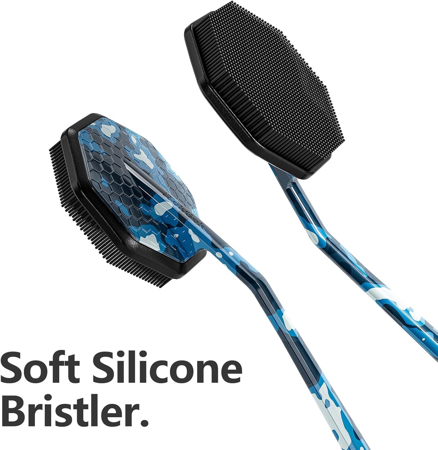 iTokGoK® Platinum Camo Blue Pattern Silicone Back Scrubber with Long Handle Back Brush for Shower,Silver-Infused Back Scrubber for Men and Women (Camo Blue)