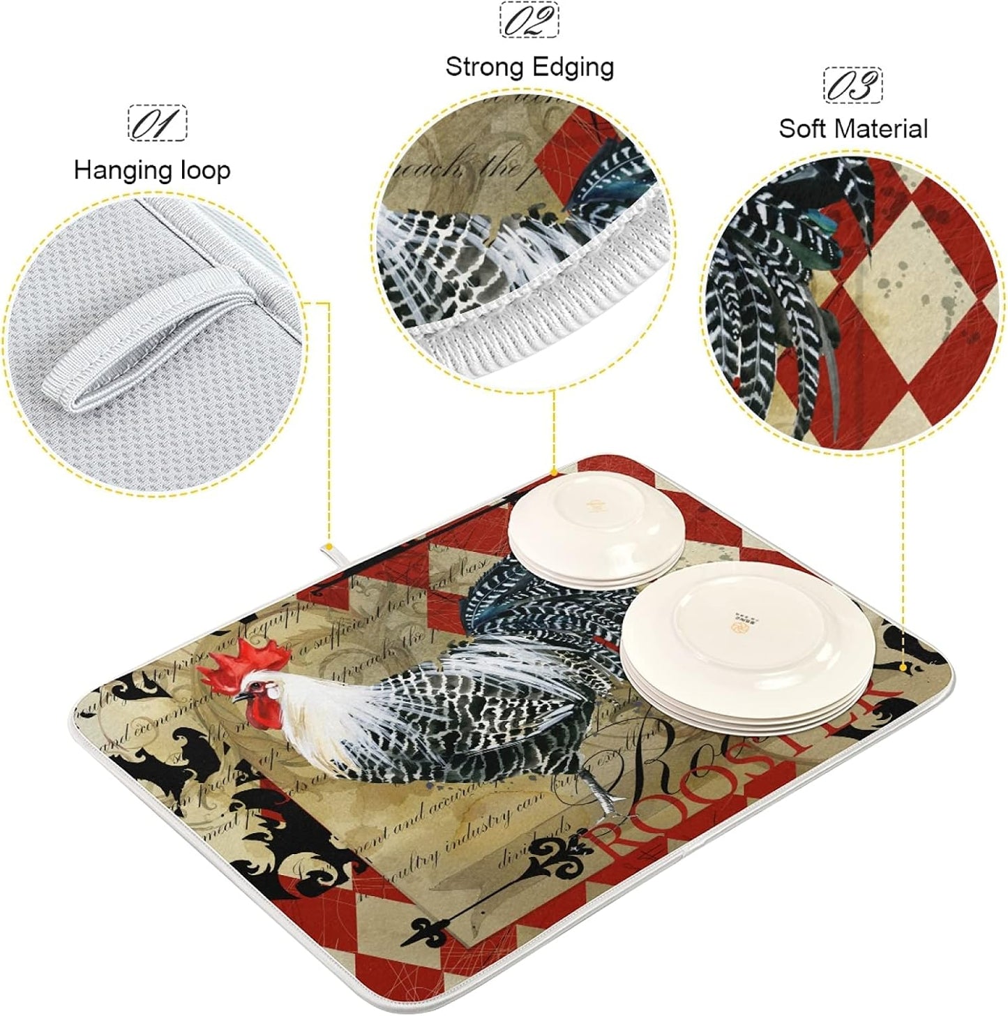 Dish Drying Mat for Kitchen Counter 18 x 16 Inch Rooster Vintage Domestic Farm Birds Microfiber Dish Mat Drying Pad Absorbent Dishes Pad Dish Drainer Rack Mats