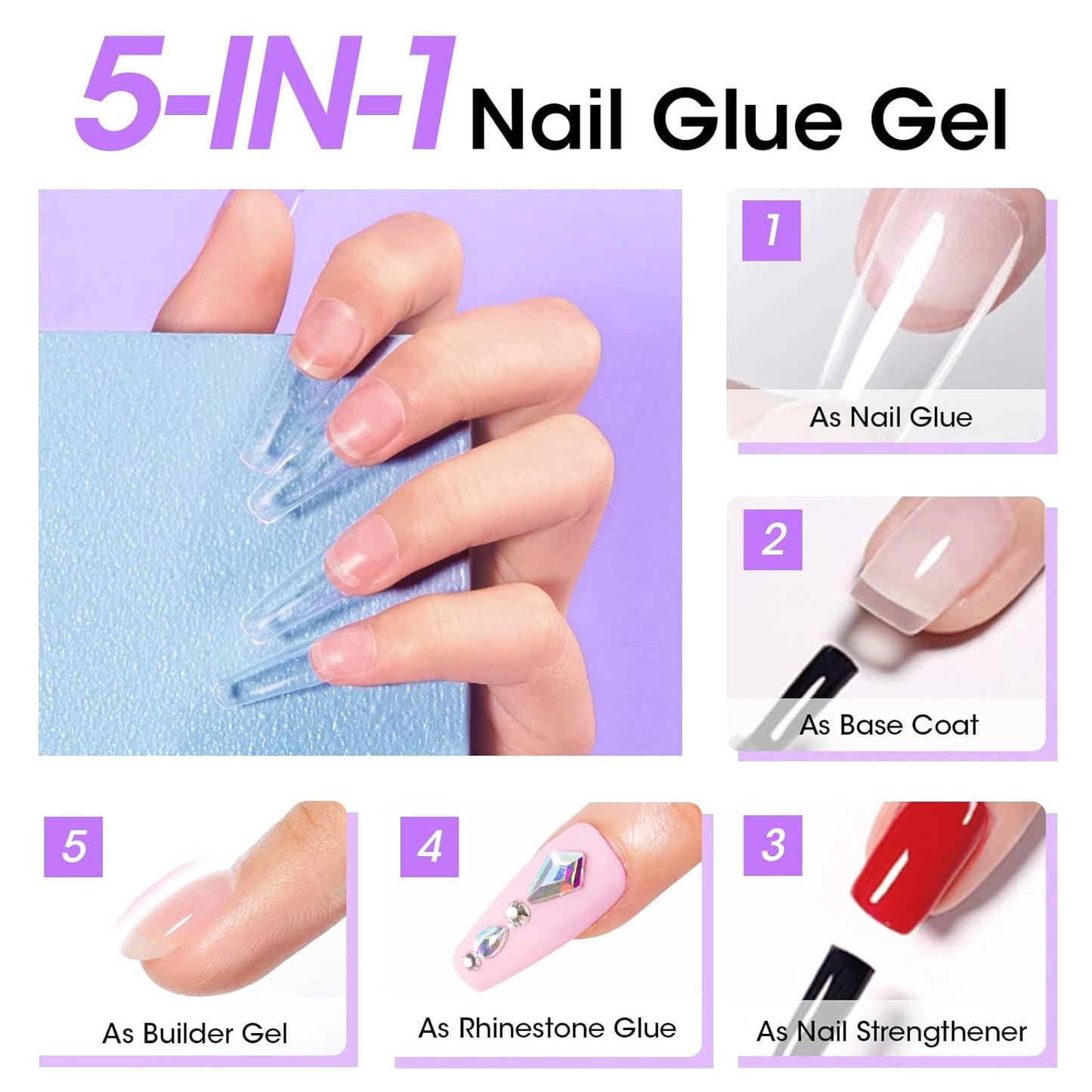 Gellen Nail Glue Gel & No Wipe Top Coat, 5 in 1 UV Nail Glue for Acrylic Nails, High Shiny Top Coat Gel, Curing Needed Extend Gel for False Tips & Clear Press on Nails, Home Salon DIY Manicure
