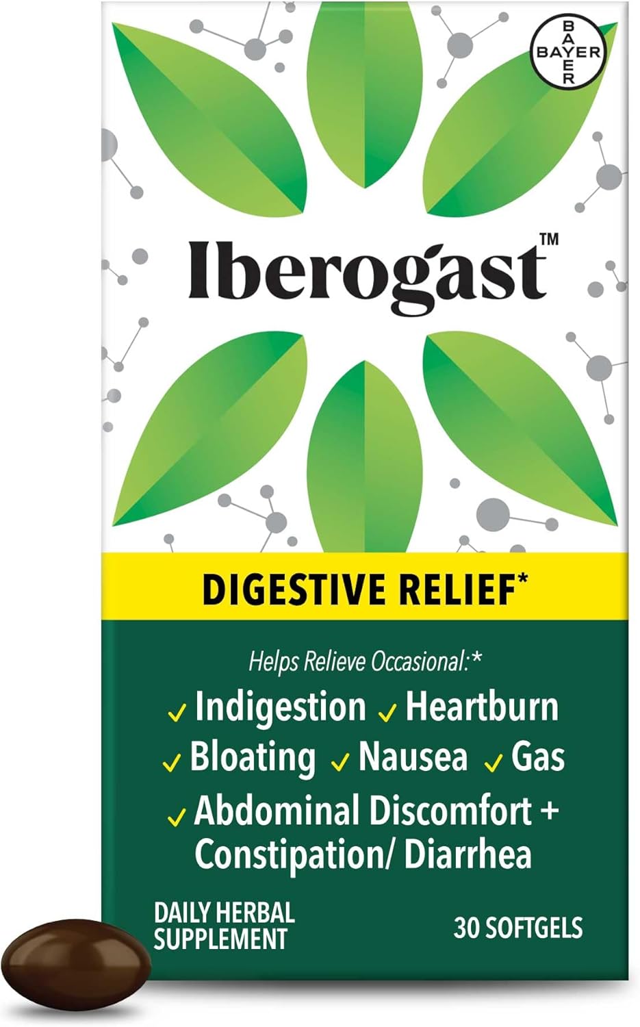 Iberogast Softgels, Herbal Relief of Stomach Upsets: Occasional Indigestion, Bloating, Gas, Nausea, Upset Stomach; 6-Herb Blend with Iberis Amara, Peppermint, Licorice, Lemon Balm; 30ct