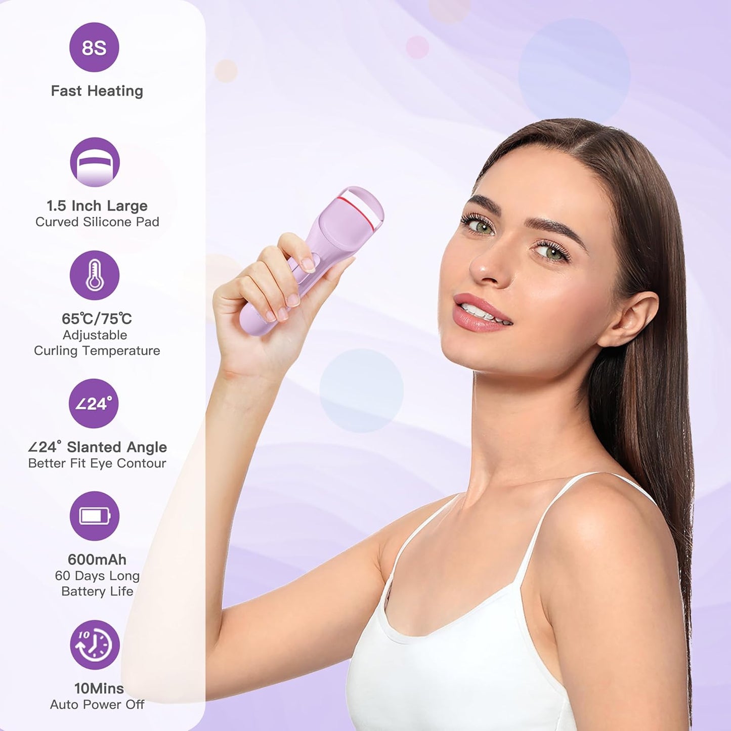 Heated Eyelash Curler Professional - Eye Lashes Curler with Innovative Heating Silicone, Electric Eyelashes Curler with 600mAh Rechargeable Battery EC4001 (Voilet)