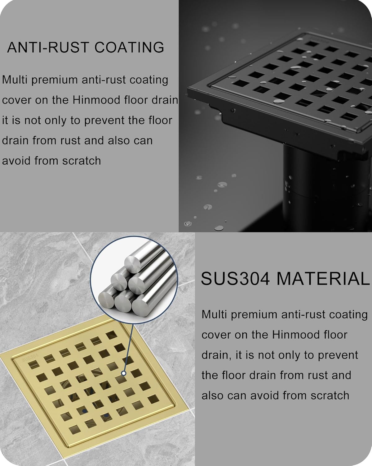 6 Inch/4 Inch Square Shower Drain SUS304 Stainless Steel Bathroom Floor Drain Strainer, Hair Catcher, Anti-Clog, Rust-Resistant, Fast Drainage (Brushed Gold)