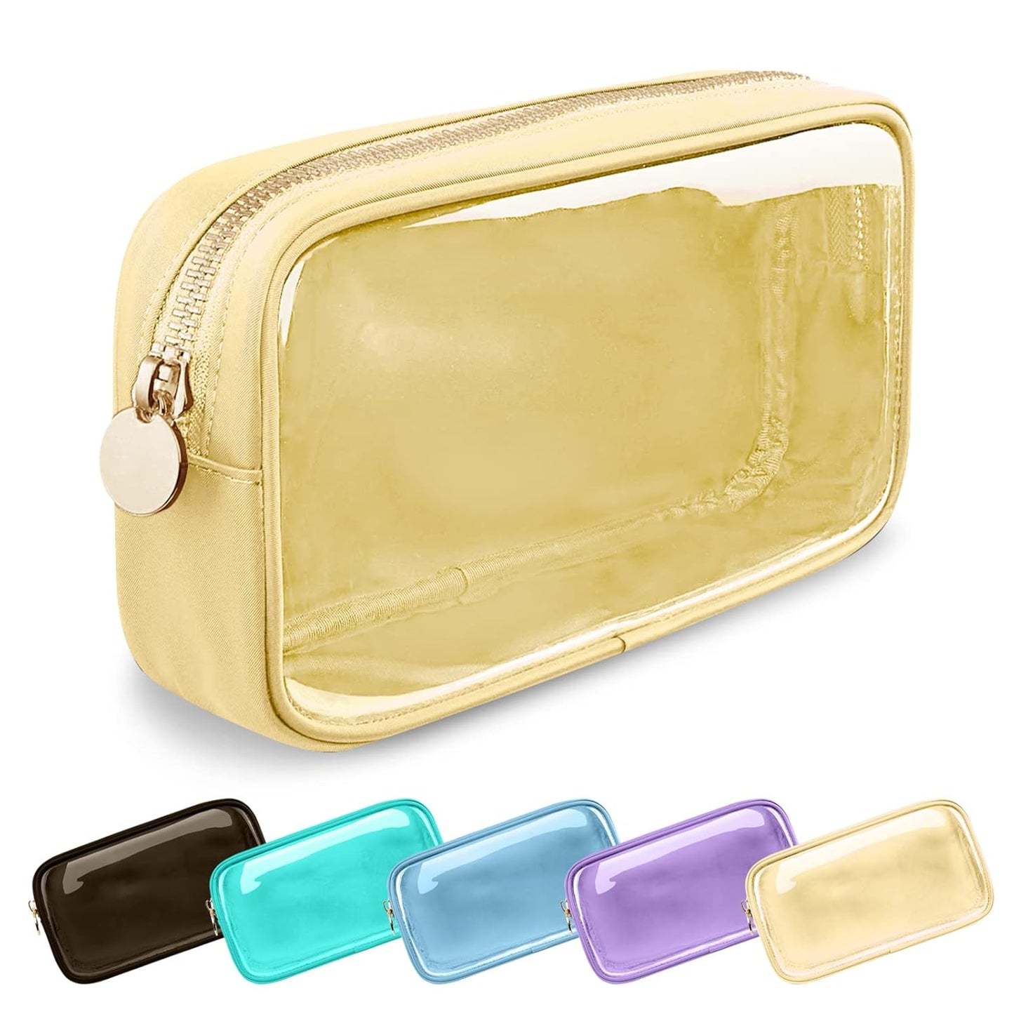 Clear Small Makeup Bag with Zipper, Nylon&PVC Cosmetic Travel Bag Preppy TSA Approved Toiletry Bag for Women Girls, Transparent Waterproof Makeup Pouches Cute Travel Bag for Purse(Small-Beige)