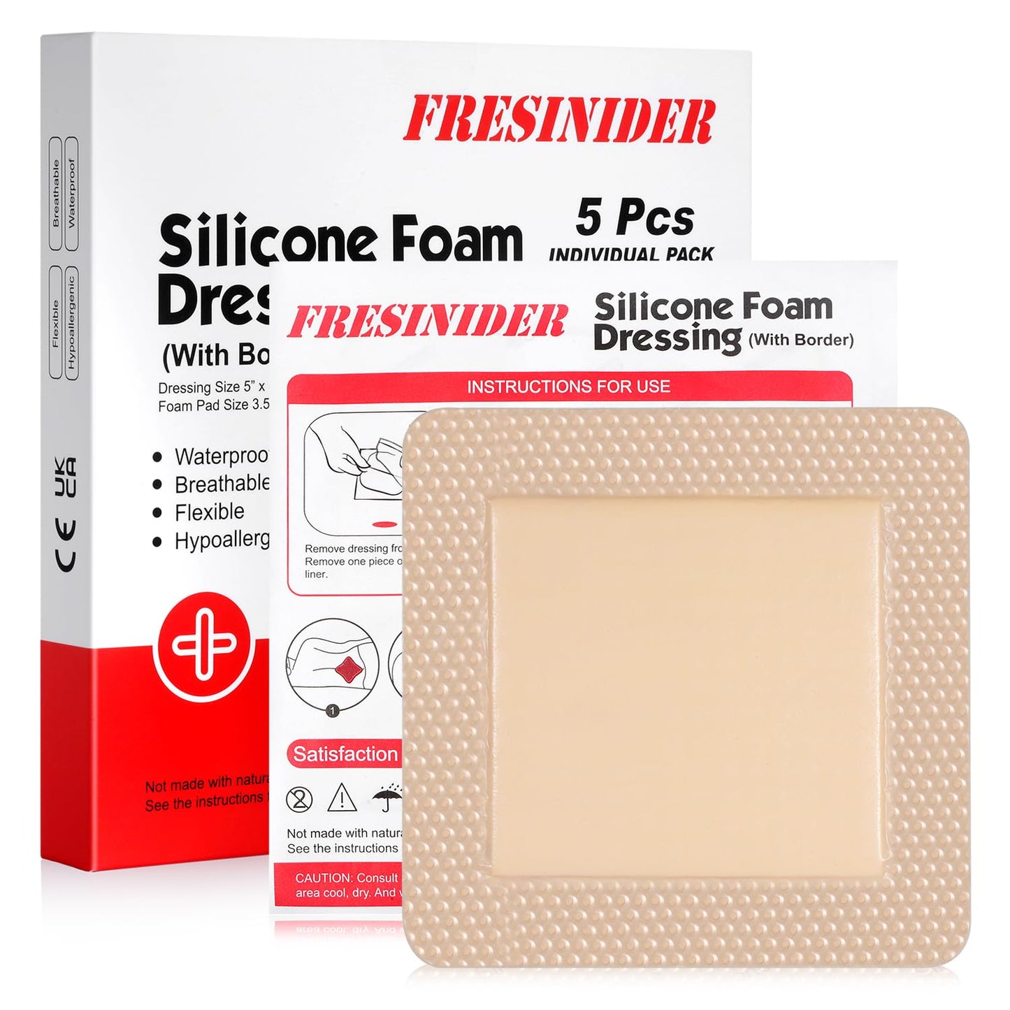 FRESINIDER Silicone Foam Dressing with Adhesive Border – Wound Dressing Bandage – Silicone Foam Pad – Pack of 5 – 5 x 5 Inches Large Waterproof Bandages – Self Adhesive Wound Care and Dressings