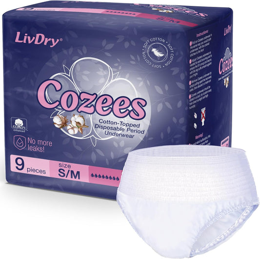 Cozees Disposable Period Underwear for Women, Menstrual and Postpartum High Absorbency, Cotton Covered Comfort, Made in USA (9 Count, Small/Medium)