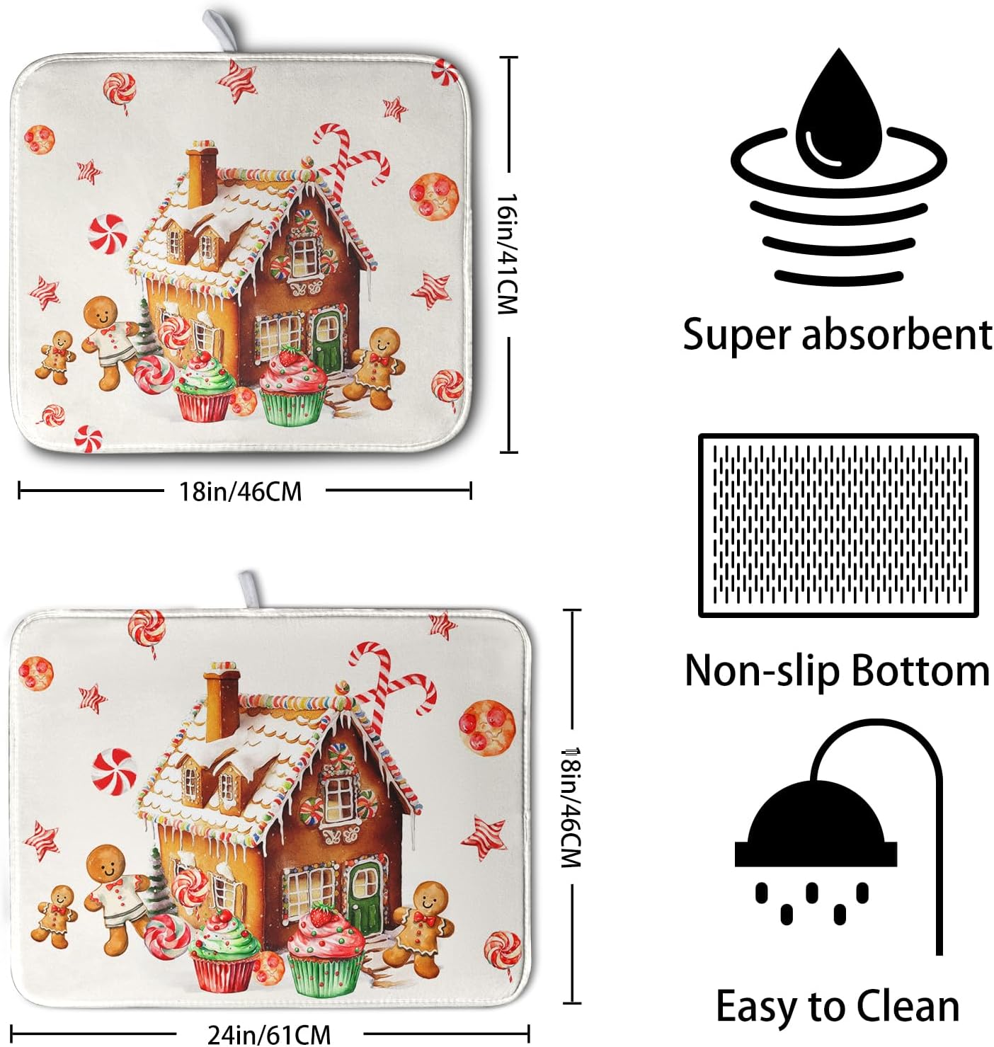 Christmas Gingerbread Man Drying Mat for Kitchen Counter Winter Cute Gingerbread House Candy Cane Cookies Dish Drying Mats Xmas Holiday Dish Drainer Mats Absorbent Reversible Drying Pad 18x24 Inch