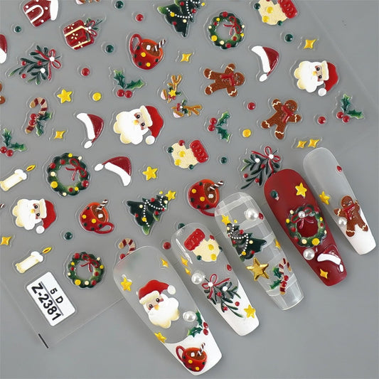 5D Embossed Christmas Nail Stickers for Nail Art Christmas Tree Santa Claus Nail Decals Self Adhesive Nail Design Christmas Nail Art Stickers New Year Nail Art Supplies for Women Girls 2 Sheets
