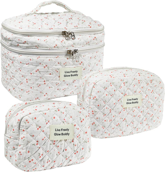 3Pcs Large Travel Quilted Makeup Bag, Double Layer Cute Floral Cotton Toiletry Bag, Aesthetic Flower Cosmetic Bag Coquette Skincare Organizer Bag for Women (79-Cherry)