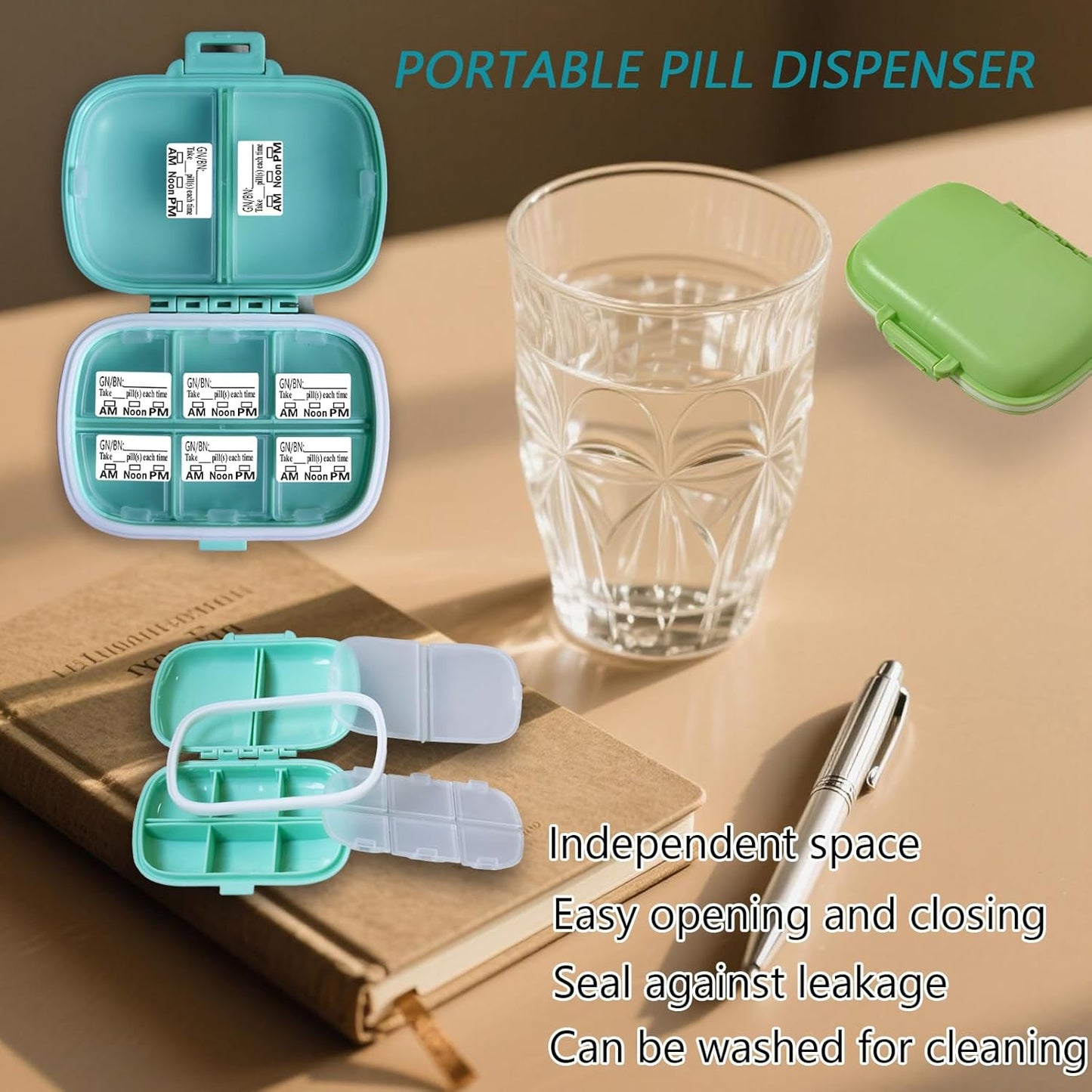 2-Pack 8-Compartment Travel Pill Organizer & Daily Pill Box | Leak-Proof Portable Medicine Container with 81 Replaceable Labels | Compact for Home, Office, Travel (Blue & Green)