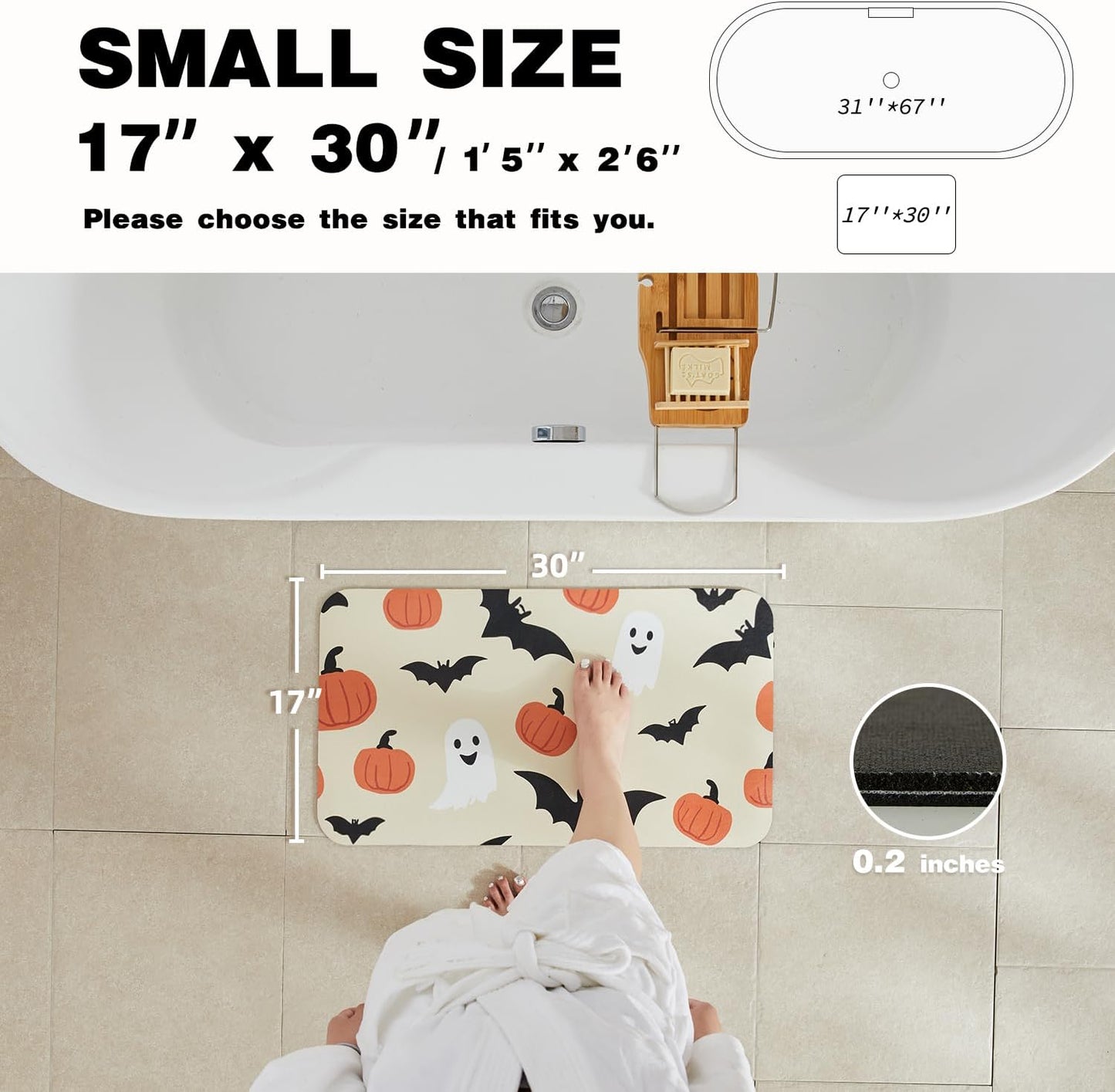 Halloween Bath Mat, Thin Bathroom Rug Non Slip Quick Dry Pumpkin Bath Mat Fits Under Door Thin Floor Mat Halloween Decor, 17''x30'', Pumpkins Bats and Ghost