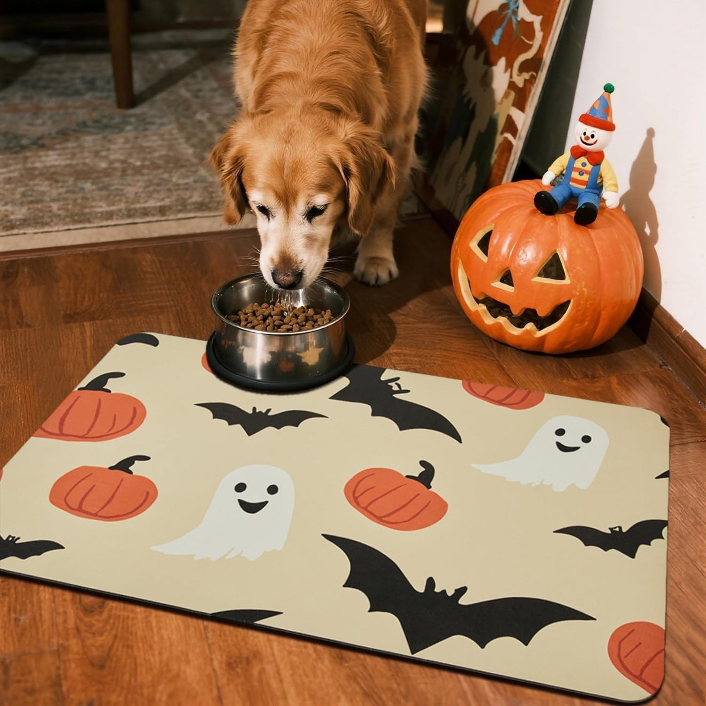 Halloween Bath Mat, Thin Bathroom Rug Non Slip Quick Dry Pumpkin Bath Mat Fits Under Door Thin Floor Mat Halloween Decor, 17''x30'', Pumpkins Bats and Ghost
