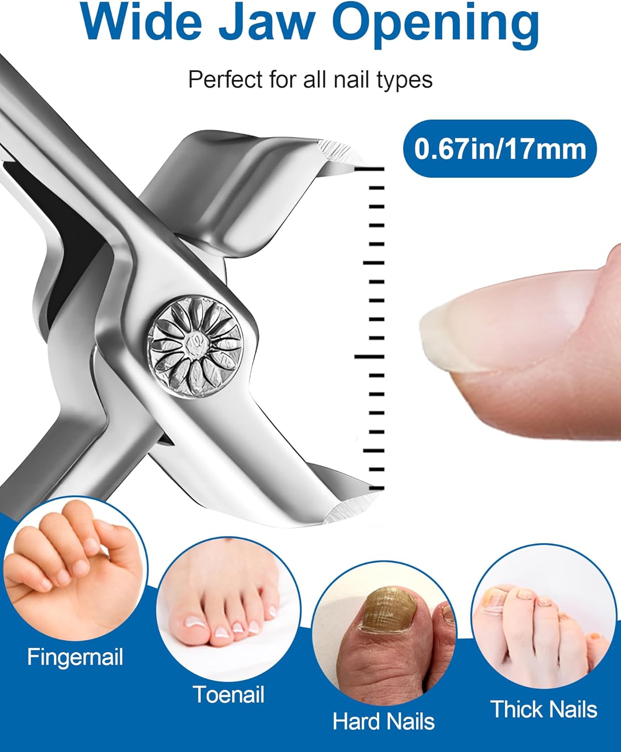 Nail Clippers for Men Thick Nails - Heavy Duty Large 17MM Wide Mouth Fingernail and Toenail Clippers with Catcher for Seniors & Adults (Silver)