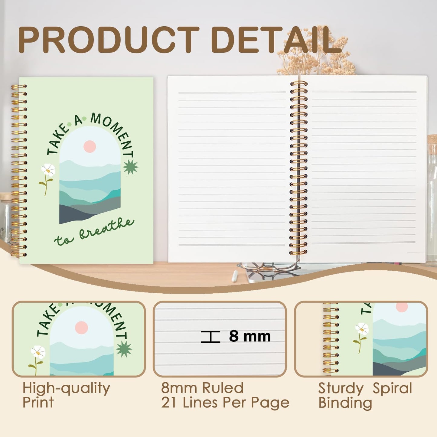 FDHSPAAM Sage Green Mental Health Spiral Journal Notebook 5.5x8.3in, Take A Moment to Breathe Boho Inspirational Notebooks for Note Taking, Therapy Office Must Haves, Hardcover Notebook Journal