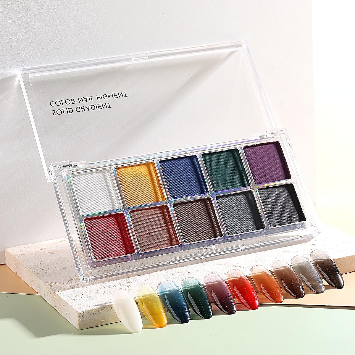 10 Colors Solid Fluorescent Neon Pigment Powder Set Gradient Iridescent Aurora Mermaid Pearl Glitter Dust Kit for Home Salon Nail Art Designs