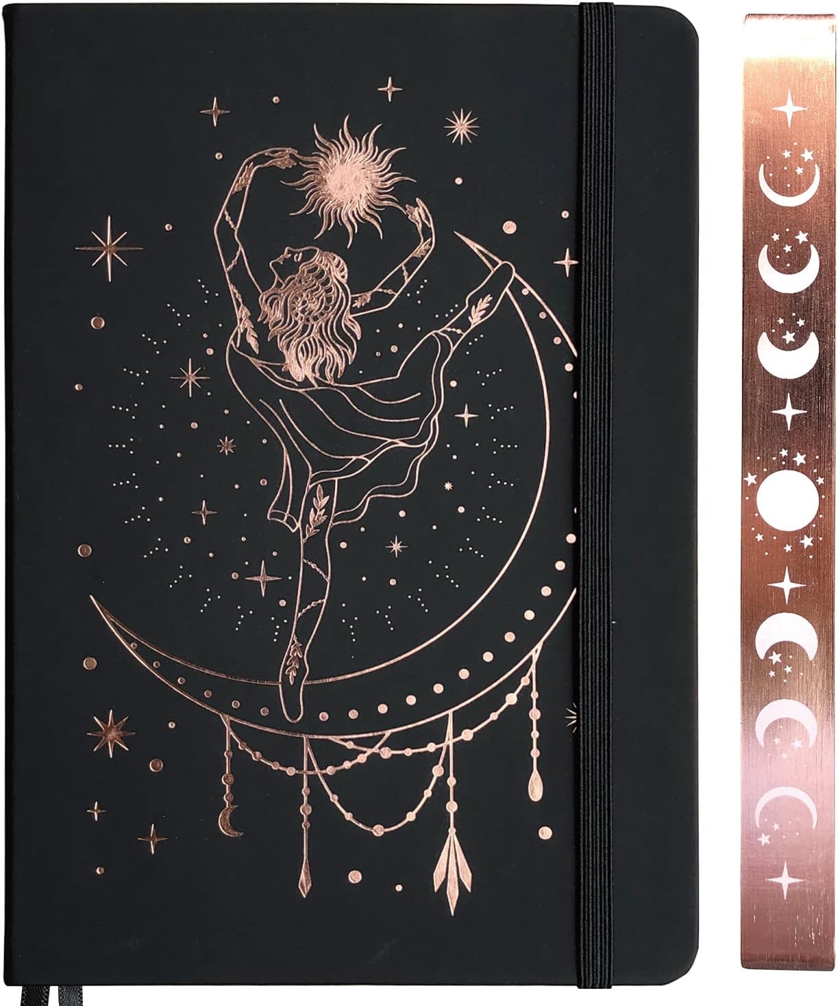 BUKE Medium A5 Hardcover Notebook Dotted Journal - 180Gsm Thick Bamboo Paper - 160 Dot Grid Pages 5x5 MM - Black Color Faux PU Leather Cover - Rose Gold Edge And Moons (A5, Black)