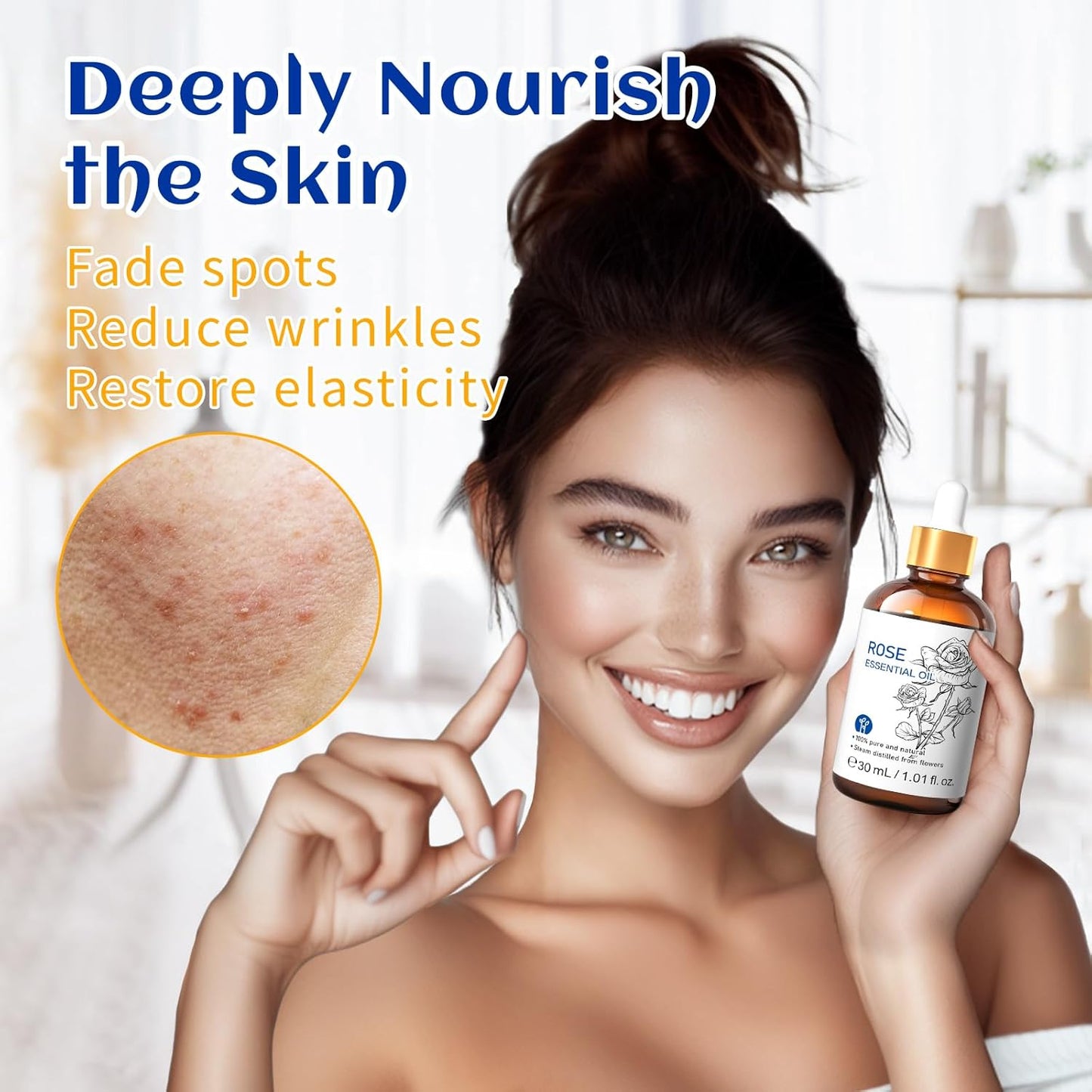 HIQILI Rose Essential Oil 1 Fl Oz, 100% Natural Therapeutic Grade for Aromatherapy, Diffuser, Skin Care, Massage, Includes Premium Quality Glass Dropper