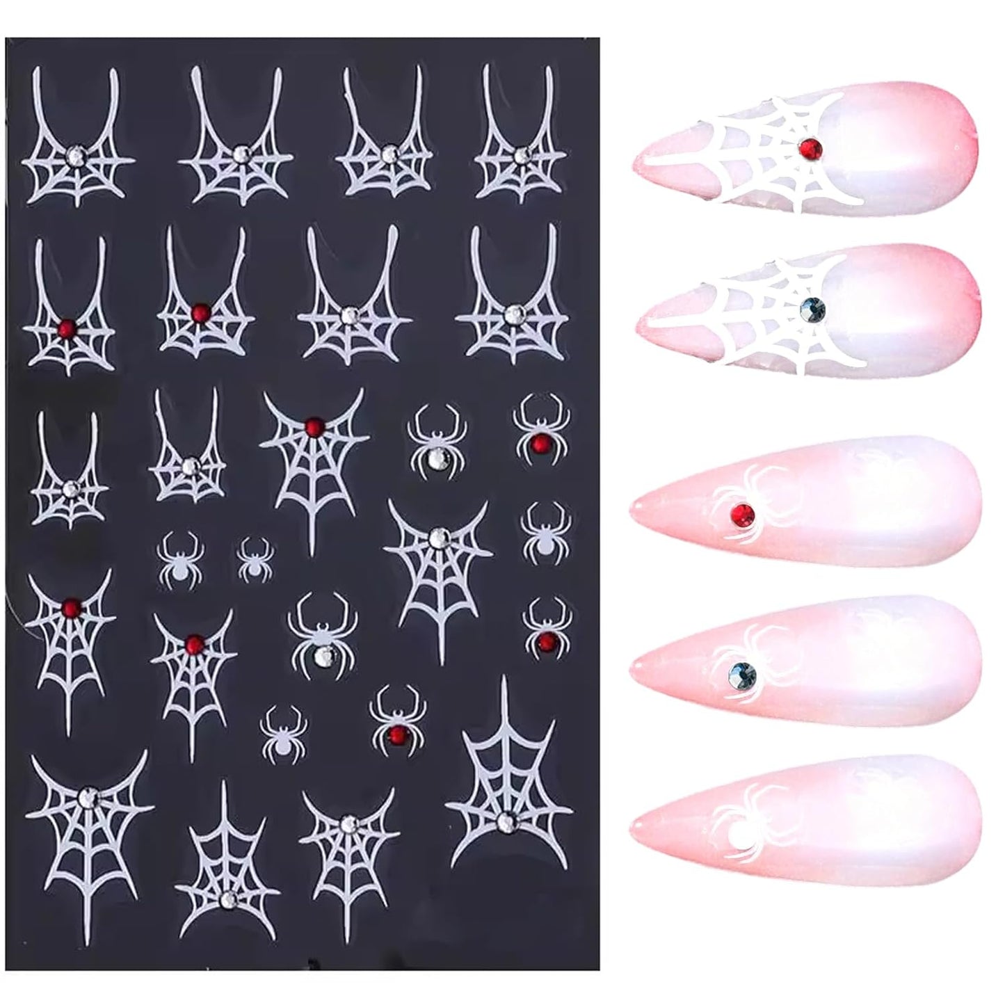SILPECWEE 6 Sheets Halloween Nail Art Stickers, 3D Metal Nail Stickers Diamond Spider Web Nails Art Design Decal Manicure Sticker for Women Girl DIY Holiday Decoration