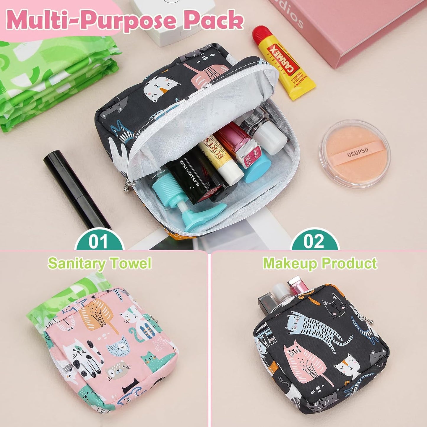 Desing Wish Sanitary Pad Storage Bag Portable Period Bag for Teen Pads/Sanitary Napkins/Small Tampons, Sanitary Napkin Storage Bag First Period Gifts for Teen Girls (Grey Cats)