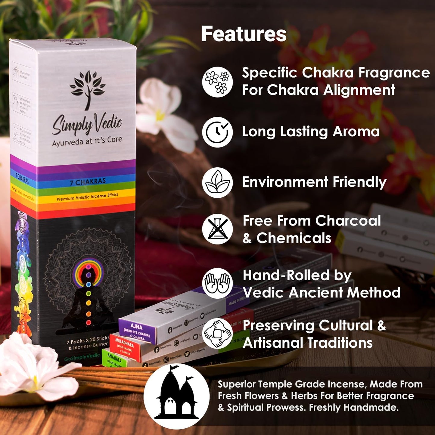 7 Chakra Incense Sticks, Aromatic Bliss for Balance & Healing| Handcrafted 140 Sticks with Pure Natural Scents to Align Energy Centers, Aromatherapy, Meditation, Yoga, Promote Relaxation