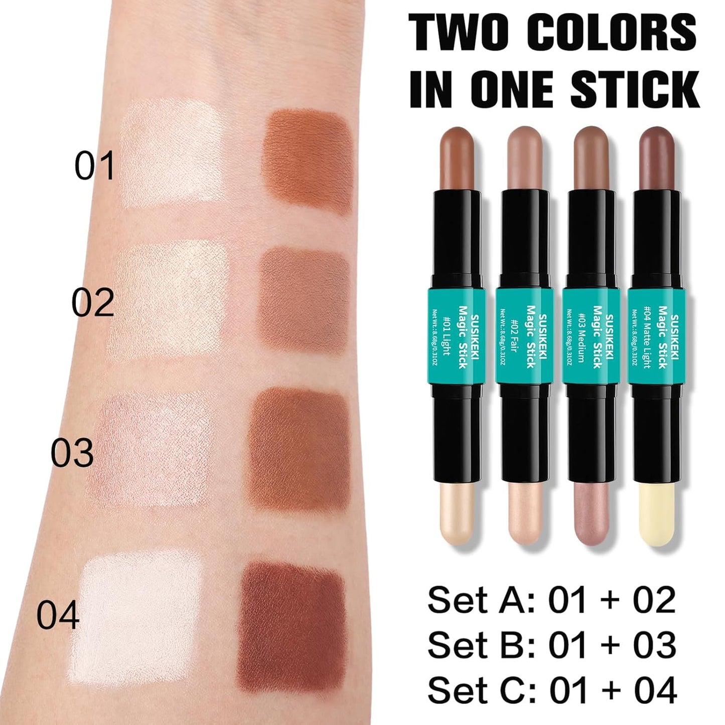 Contour Stick, 2Pcs Dual-Ended Highlighter Makeup Pen & Contouring Stick for Face Shaping, Long Lasting Waterproof Cream Bronzer & Highlight Sticks Make Up Kit for All Skin Tones (01# + 02#)