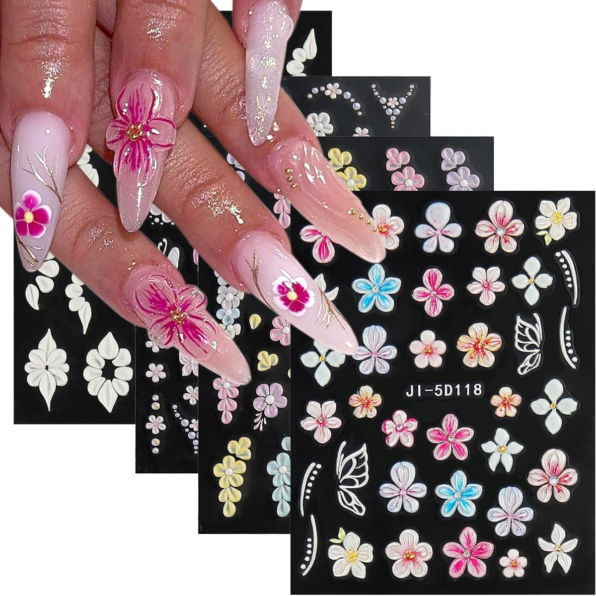 Flowers Nail Stickers 4 Sheets 5D Embossed Floral Nail Decals, Summer Neon Nail Design, 3D Acrylic Engraved Hibiscus Flowers Rose Butterfly Stickers for Nail Art Pegatinas Uñas