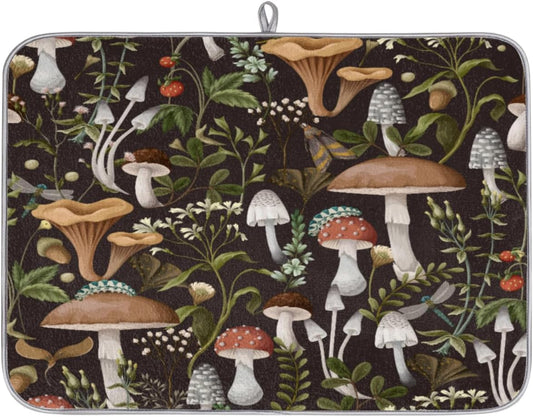 Hexteria Mushroom Dish Drying Mat For Kitchen Counter 16 X 18 Inch, Microfiber Absorbent Dish Drainer Mat for Countertops Protector Pad