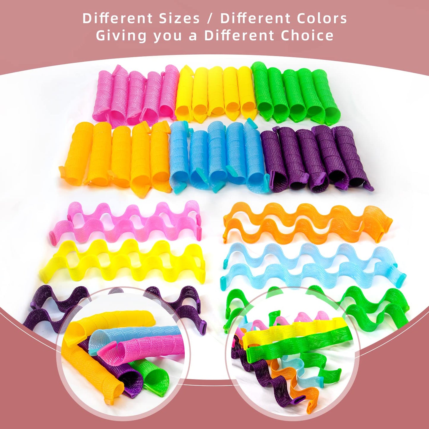 60pcs Heatless Hair Curlers Spiral and Wave Styling Kit 2 Styles No Heat Curlers with 2 Pieces Hooks for Women Girl's Short Medium and Long Hair((9.8 Inch/25 cm)